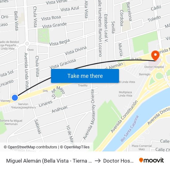 Miguel Alemán (Bella Vista - Tierna Vista) to Doctor Hospital map