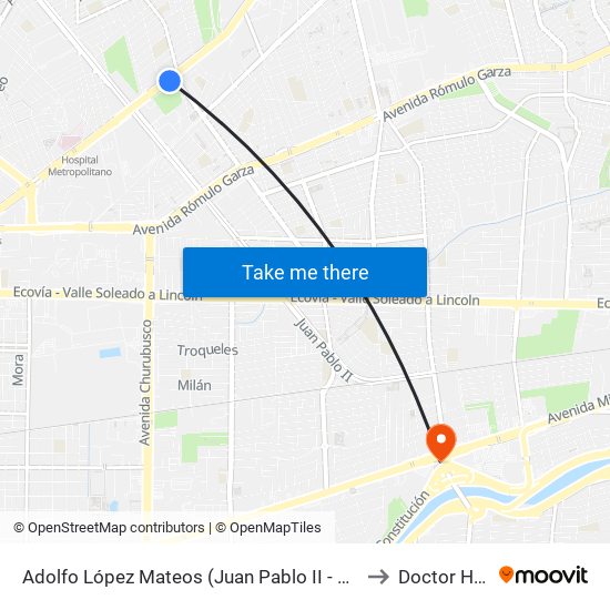 Adolfo López Mateos (Juan Pablo II - Roberto Garza Sada) to Doctor Hospital map