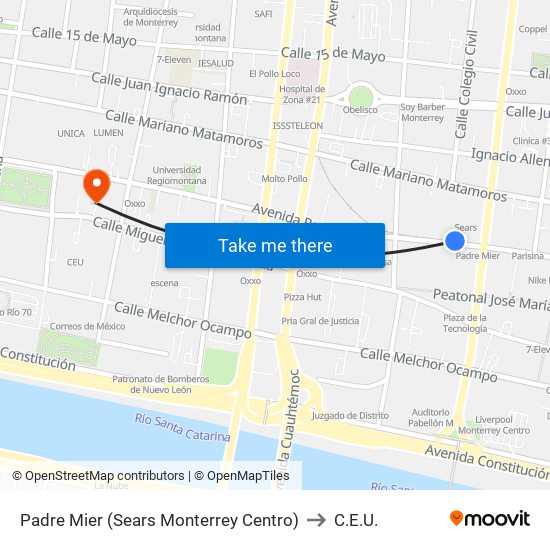 Padre Mier (Sears Monterrey Centro) to C.E.U. map