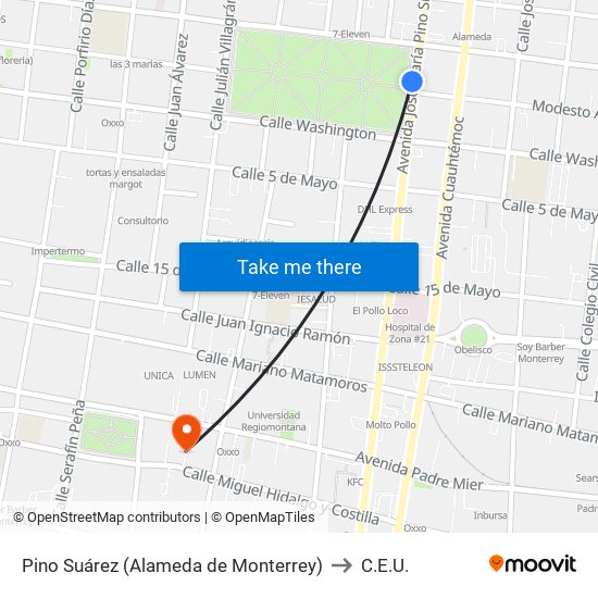 Pino Suárez (Alameda de Monterrey) to C.E.U. map