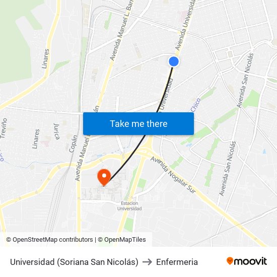 Universidad (Soriana San Nicolás) to Enfermeria map