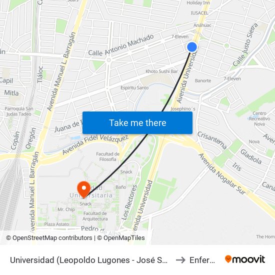 Universidad (Leopoldo Lugones - José Santos Chocano) to Enfermeria map