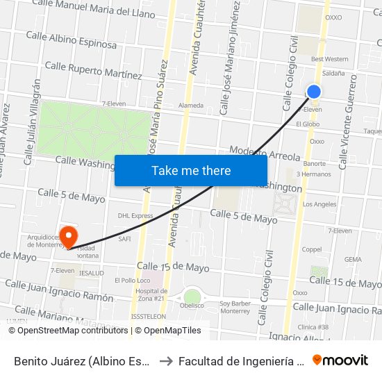 Benito Juárez (Albino Espinosa - Ruperto Martínez) to Facultad de Ingeniería Y Arquitectura (Aulas 3) map