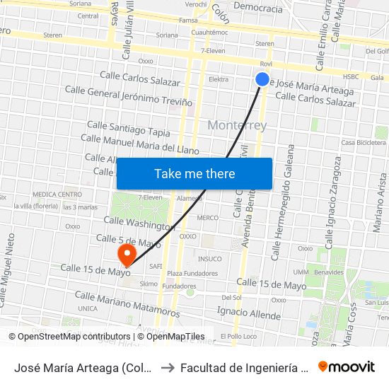 José María Arteaga (Colegio Civil - Benito Juárez) to Facultad de Ingeniería Y Arquitectura (Aulas 3) map