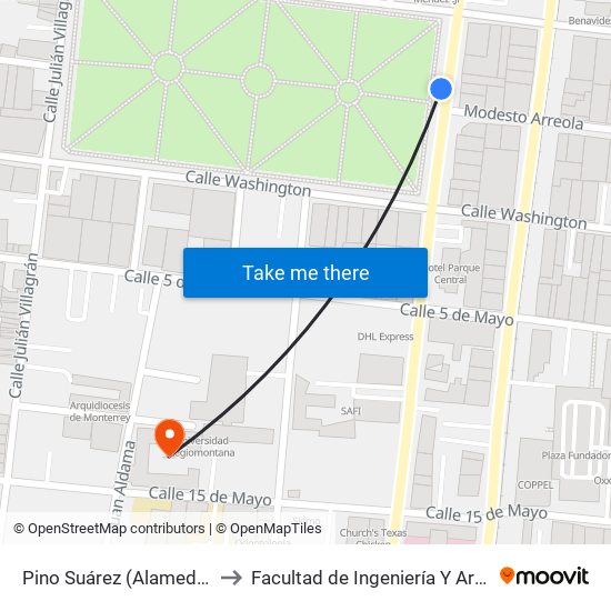 Pino Suárez (Alameda de Monterrey) to Facultad de Ingeniería Y Arquitectura (Aulas 3) map