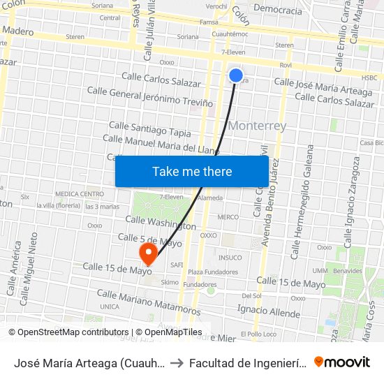 José María Arteaga (Cuauhtémoc - José Mariano Jiménez) to Facultad de Ingeniería Y Arquitectura (Aulas 3) map