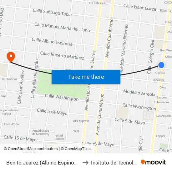 Benito Juárez (Albino Espinosa - Ruperto Martínez) to Insituto de Tecnología Avanzada map