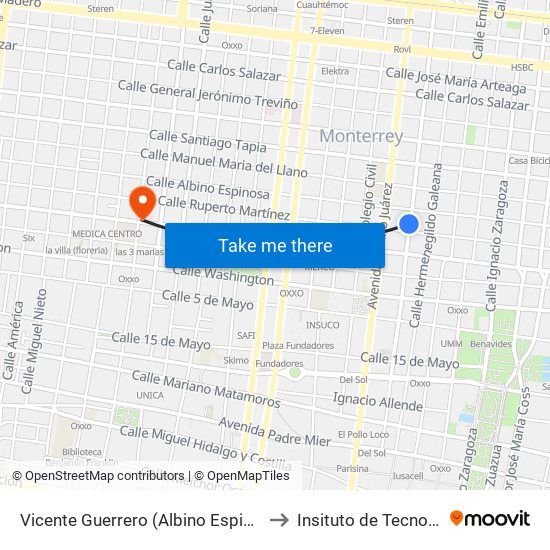 Vicente Guerrero (Albino Espinosa - Ruperto Martínez) to Insituto de Tecnología Avanzada map