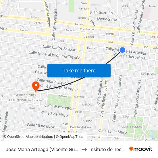 José María Arteaga (Vicente Guerrero - Hermenegildo Galeana) to Insituto de Tecnología Avanzada map