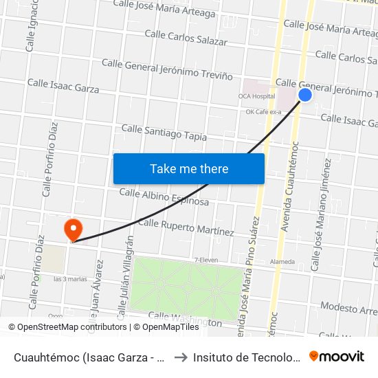 Cuauhtémoc (Isaac Garza - Jerónimo Treviño) to Insituto de Tecnología Avanzada map