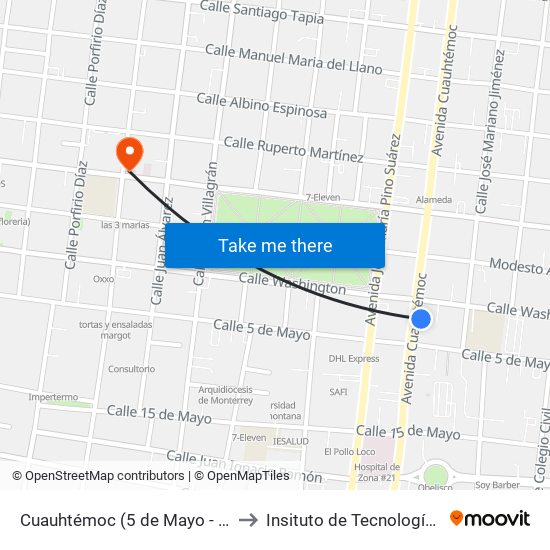 Cuauhtémoc (5 de Mayo - Washington) to Insituto de Tecnología Avanzada map