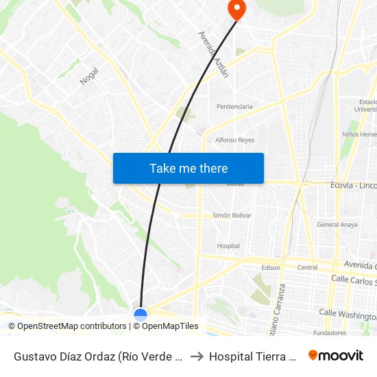 Gustavo Díaz Ordaz (Río Verde - San Jerónimo) to Hospital Tierra Y Libertad map