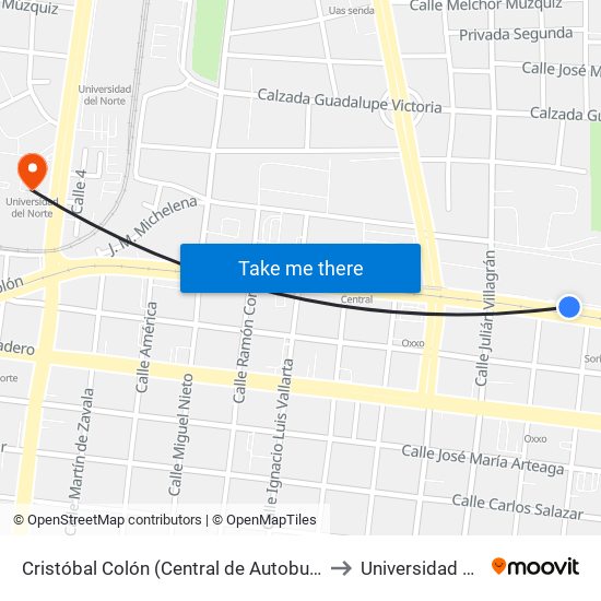 Cristóbal Colón (Central de Autobuses de Monterrey) to Universidad Del Norte map