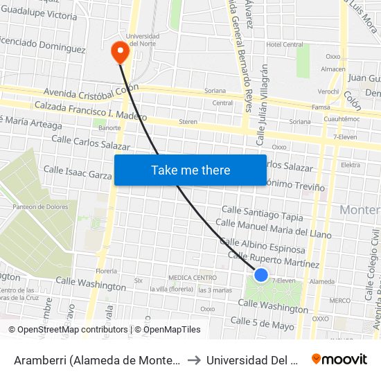 Aramberri (Alameda de Monterrey 1) to Universidad Del Norte map