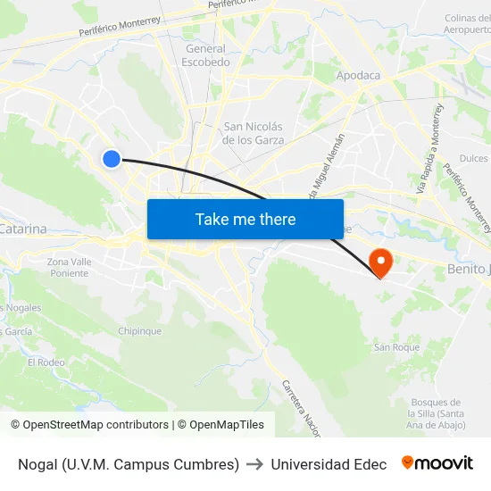 Nogal (U.V.M. Campus Cumbres) to Universidad Edec map
