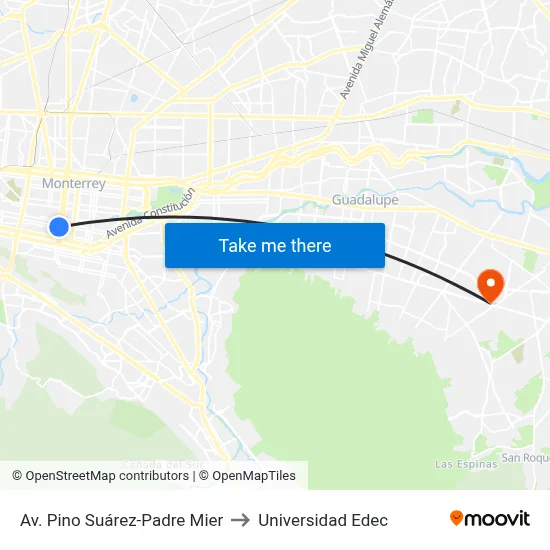 Av. Pino Suárez-Padre Mier to Universidad Edec map