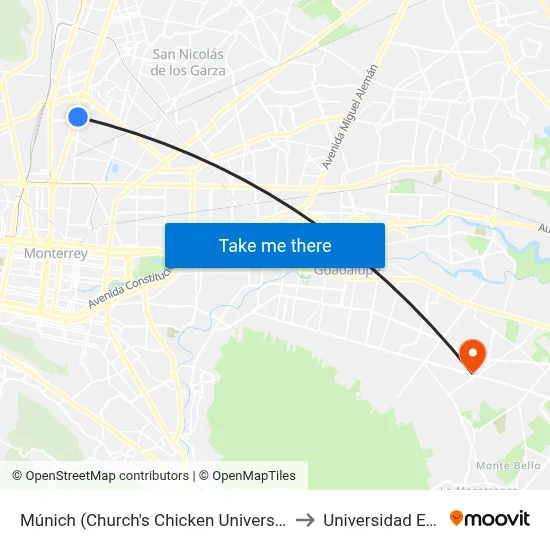 Múnich (Church's Chicken Universidad) to Universidad Edec map