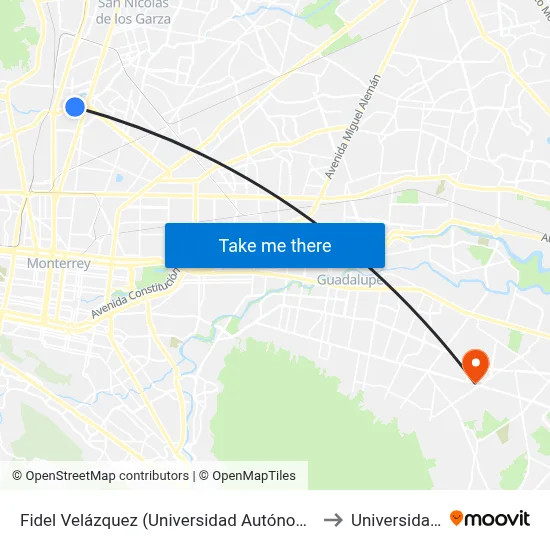 Fidel Velázquez (Universidad Autónoma de Nuevo León) to Universidad Edec map