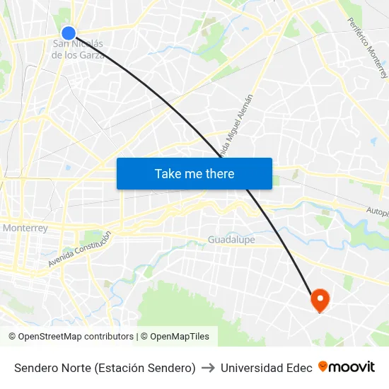 Sendero Norte (Estación Sendero) to Universidad Edec map