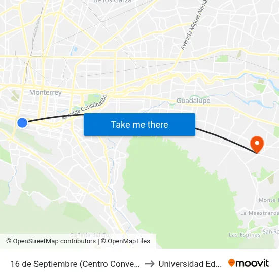 16 de Septiembre (Centro Convex) to Universidad Edec map