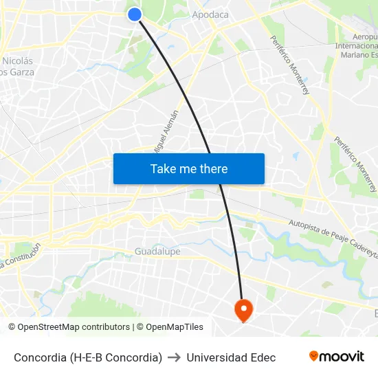 Concordia (H-E-B Concordia) to Universidad Edec map
