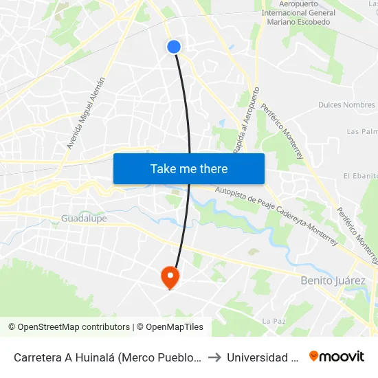 Carretera A Huinalá (Merco Pueblo Nuevo) to Universidad Edec map