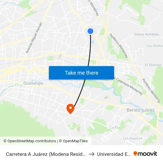 Carretera A Juárez (Modena Residencial) to Universidad Edec map