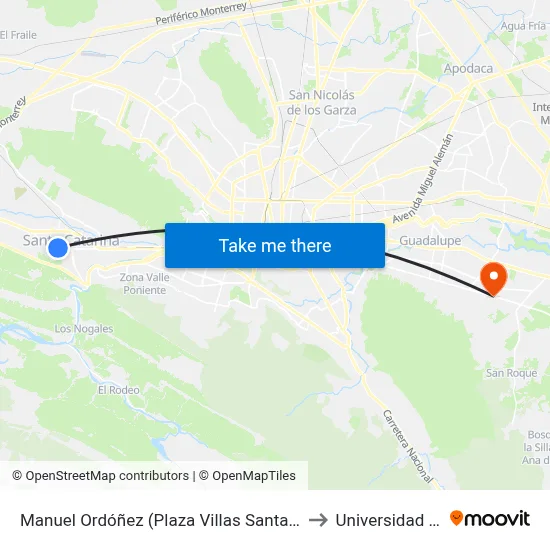 Manuel Ordóñez (Plaza Villas Santa Catarina) to Universidad Edec map