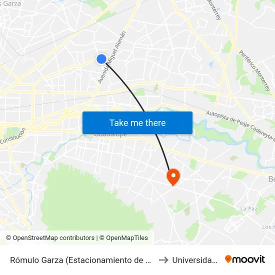 Rómulo Garza (Estacionamiento de Walmart La Fe) to Universidad Edec map