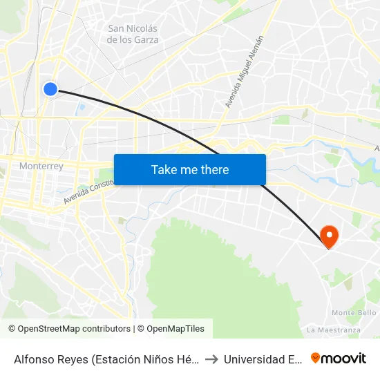 Alfonso Reyes (Estación Niños Héroes) to Universidad Edec map