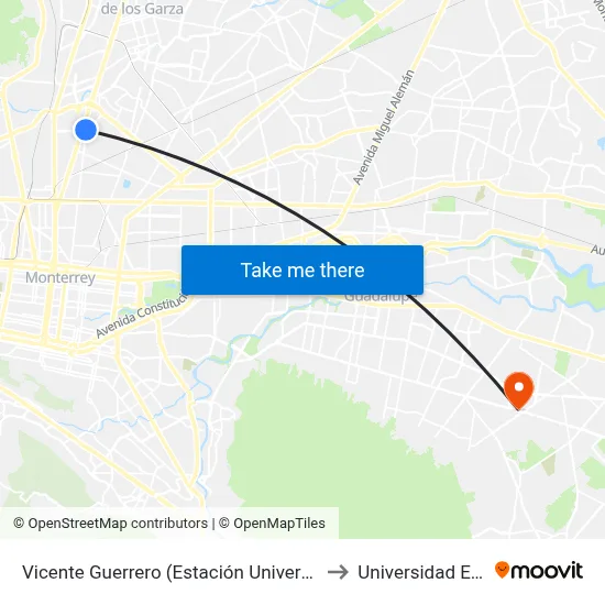 Vicente Guerrero (Estación Universidad) to Universidad Edec map
