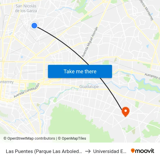 Las Puentes (Parque Las Arboledas I) to Universidad Edec map