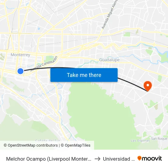 Melchor Ocampo (Liverpool Monterrey Centro) to Universidad Edec map