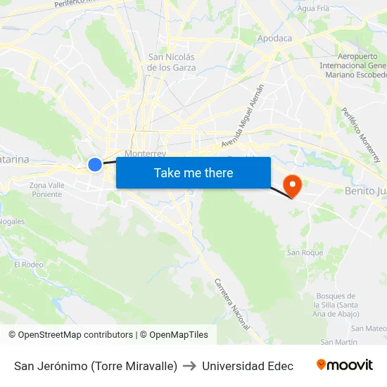 San Jerónimo (Torre Miravalle) to Universidad Edec map