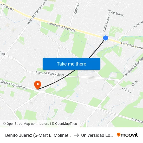 Benito Juárez (S-Mart El Molinete) to Universidad Edec map