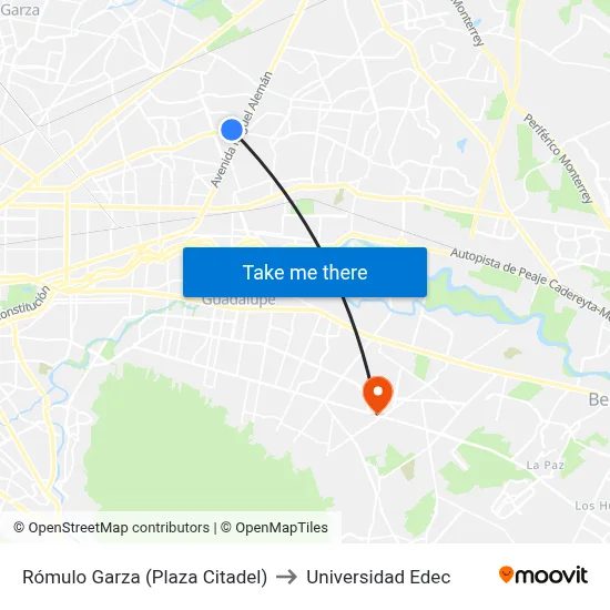 Rómulo Garza (Plaza Citadel) to Universidad Edec map