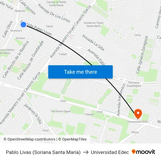 Pablo Livas (Soriana Santa María) to Universidad Edec map