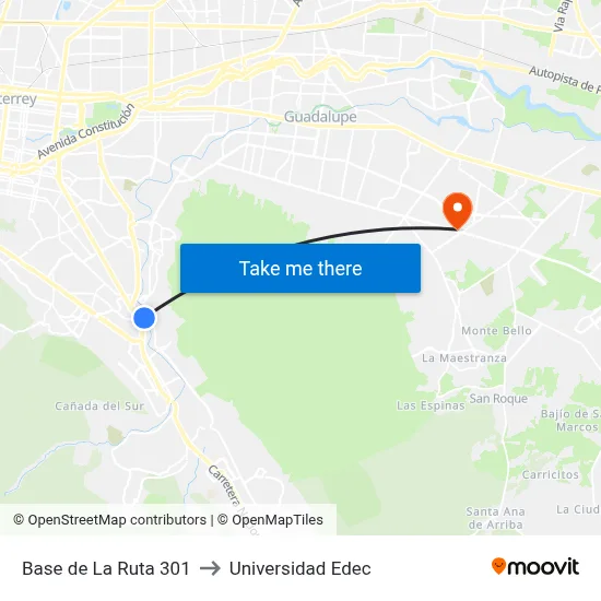 Base de La Ruta 301 to Universidad Edec map