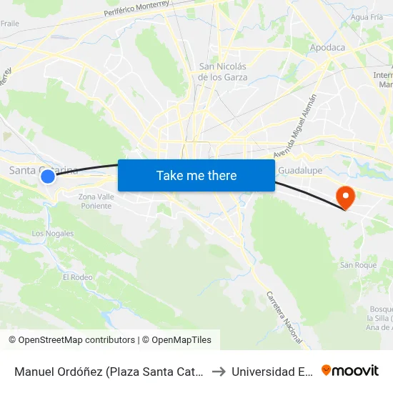 Manuel Ordóñez (Plaza Santa Catarina) to Universidad Edec map