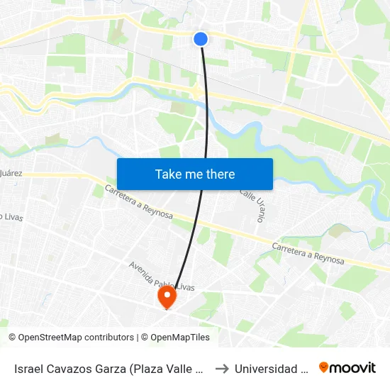 Israel Cavazos Garza (Plaza Valle Soleado) to Universidad Edec map
