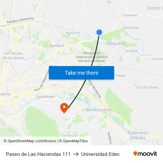 Paseo de Las Haciendas 111 to Universidad Edec map
