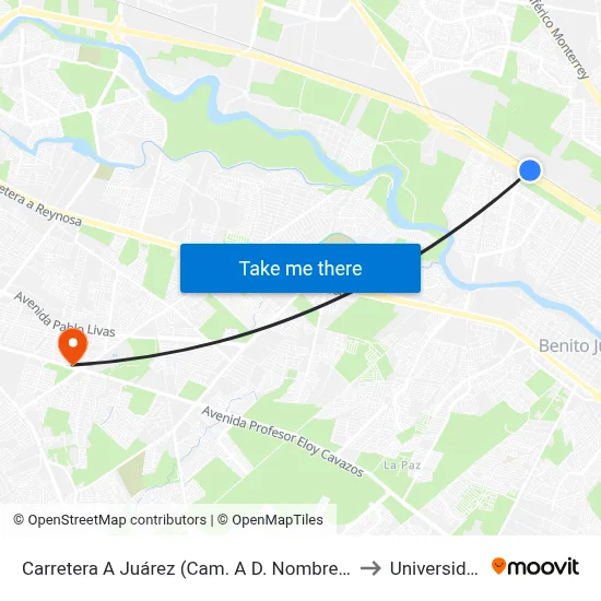Carretera A Juárez (Cam. A D. Nombres - Vista de Primavera) to Universidad Edec map