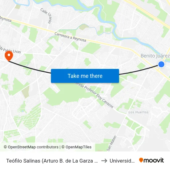 Teófilo Salinas (Arturo B. de La Garza - Hacienda San José) to Universidad Edec map