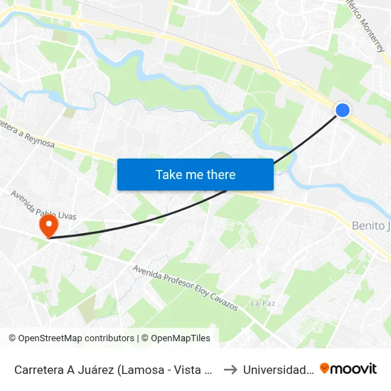 Carretera A Juárez (Lamosa - Vista de Primavera) to Universidad Edec map