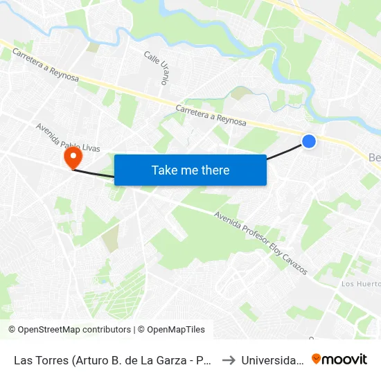 Las Torres (Arturo B. de La Garza - Paseo Del Mirador) to Universidad Edec map