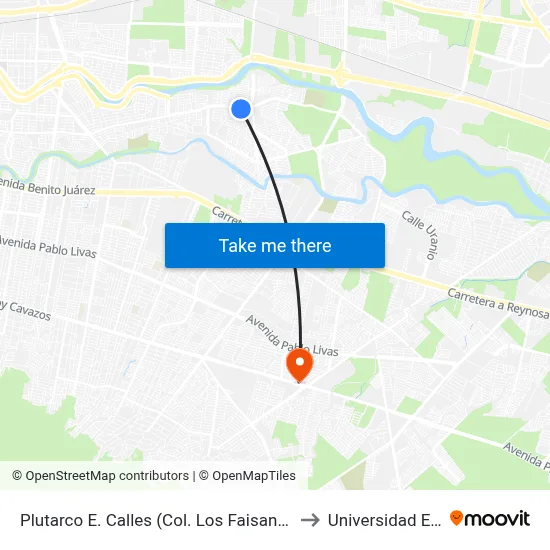 Plutarco E. Calles (Col. Los Faisanes Sur) to Universidad Edec map