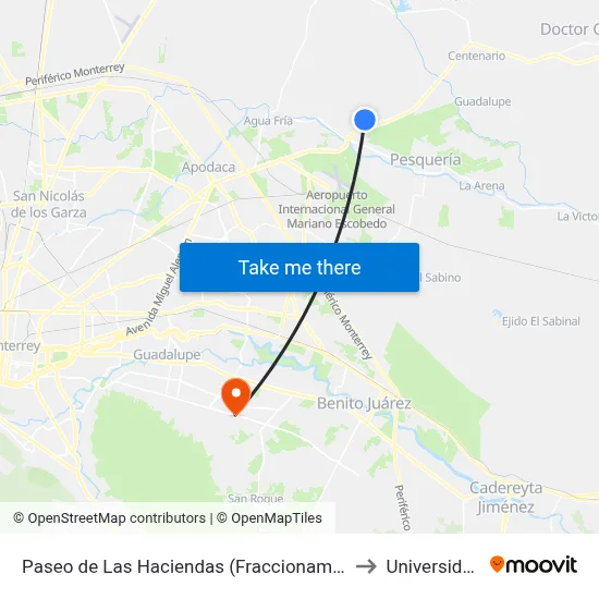 Paseo de Las Haciendas (Fraccionamiento Las Haciendas) to Universidad Edec map