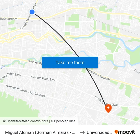 Miguel Alemán (Germán Almaraz - María Valdez) to Universidad Edec map