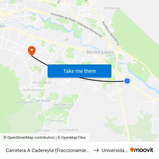 Carretera A Cadereyta (Fraccionamiento Valle Del Roble) to Universidad Edec map