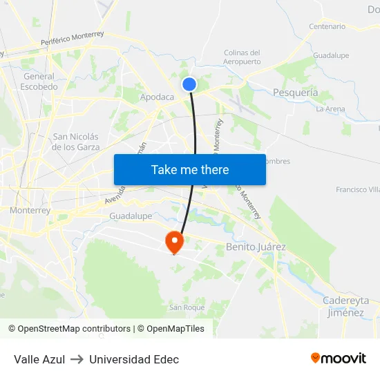 Valle Azul to Universidad Edec map